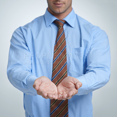 Buy stock photo Business, man and ask in studio with palm open for support or donation, employee and isolated. Male person, corporate and charity or begging for finance, loan and hand gesture on white background.