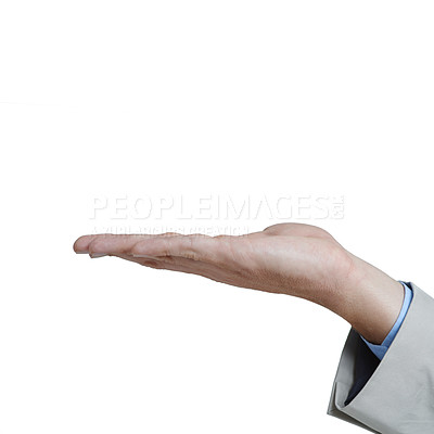 Buy stock photo Open, palm and gesture for businessman in white background of studio, professional and reaching. Hand, air and employee waiting for money, work and salary from workplace, job and corporate company