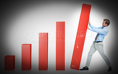 Buy stock photo Business, man and support graph in studio for corporate company, work and growth sales for finance. Person, struggle and holding up analysis for enterprise, career and isolated on white background