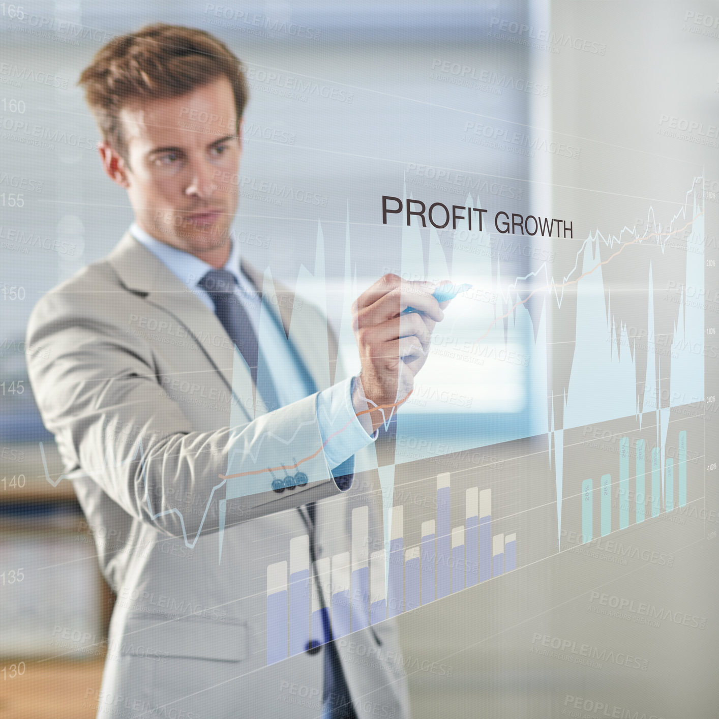 Buy stock photo Businessman, analysis and writing on digital interface with statistics or graph for stock market growth. Pen, tech and professional trader on chart by screen, finance or investment on double exposure