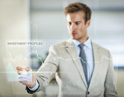 Buy stock photo Businessman, chart and hand writing on screen with statistics or stock market. Interface, technology and professional trader with pen on graphs for finance, data and investment on double exposure