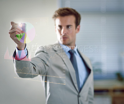 Buy stock photo Businessman, data and hand writing on screen with statistics for stock market. Interface, tech and professional trader with pen on graphs for finance, analysis and investment on overlay in office