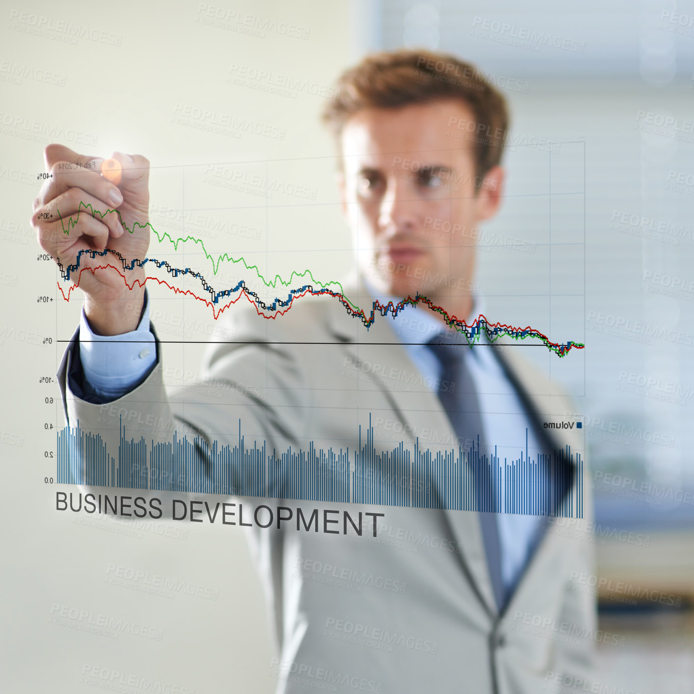 Buy stock photo Forex, economy and businessman with graph of sales in company for financial report in database. Male person, working and development of corporate with technology for accounting with internet