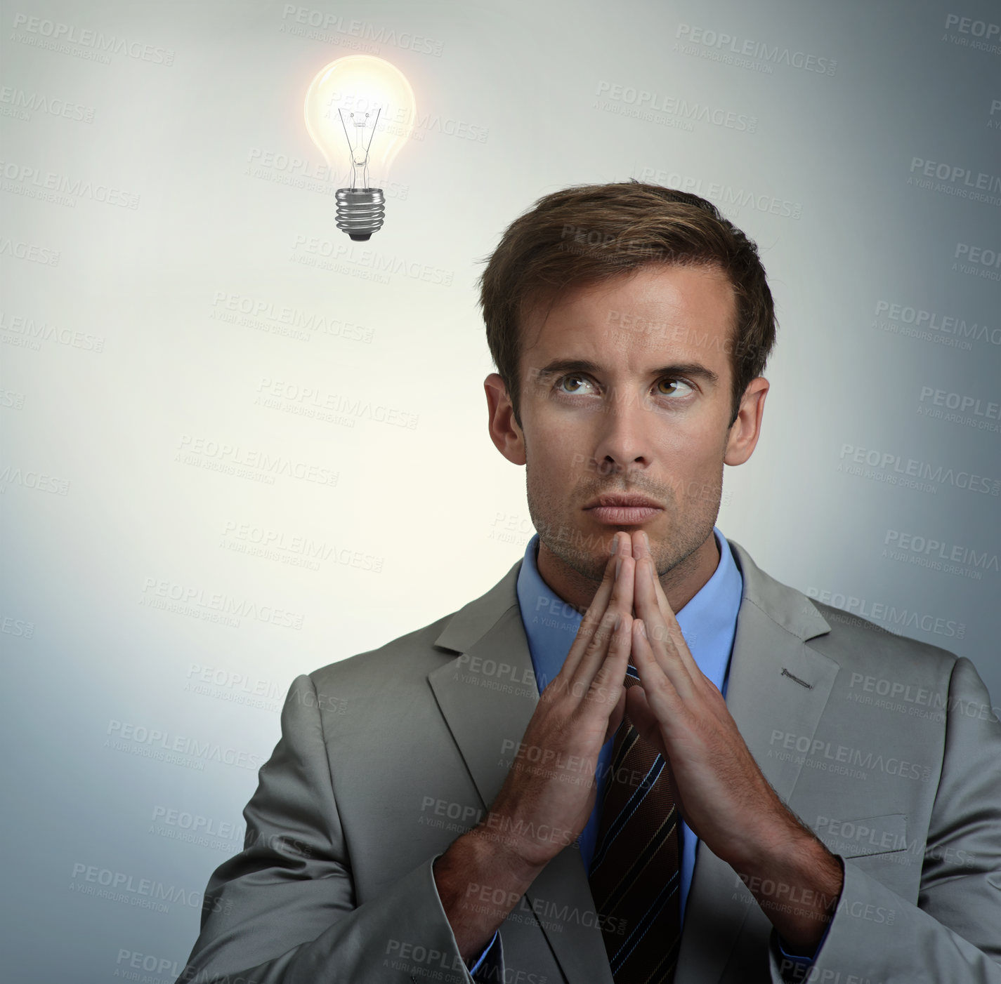 Buy stock photo Thinking, idea or business man with lightbulb for vision in studio isolated on gray background overlay. Inspiration, dream or serious professional problem solving for solution, innovation or decision