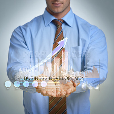 Buy stock photo Professional, hands and show data for statistics, analysis or growth of business development. Chart, graph or trader with presentation, finance or invest in studio isolated on grey background overlay