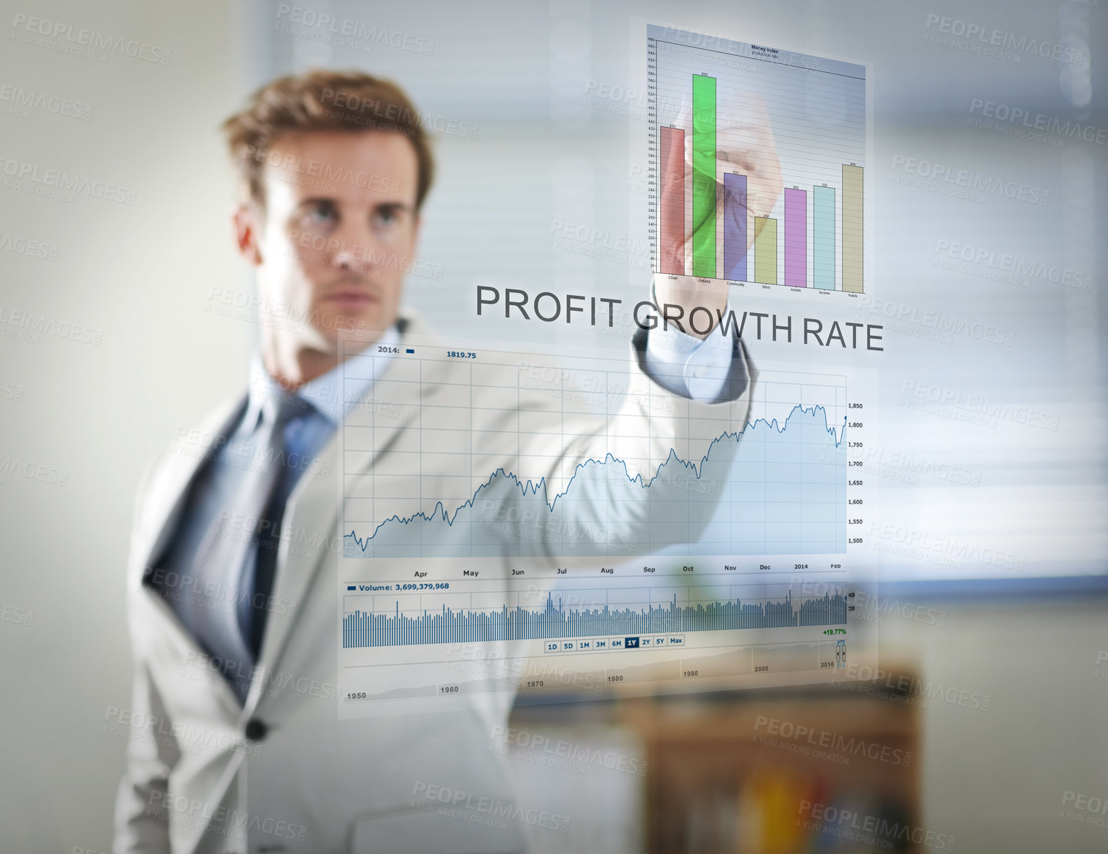 Buy stock photo Businessman, stock market and hand writing on screen with statistics, data or analysis. Interface, technology and serious professional trader on graphs for financial investment on overlay in office