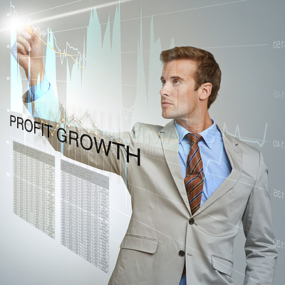 Buy stock photo Charts hologram, marker or businessman in the stock market for finance analysis, trading database. Economy research, touchscreen or financial trader writing investment statistics, profit analytics 