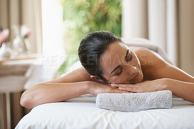 Buy stock photo Spa, treatment and happy woman on massage table, salon and beauty therapist in wellness centre. Peaceful, zen and physical therapy for body and relax, pamper and skin care for sleeping female client 