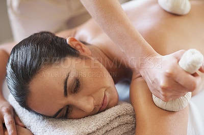 Buy stock photo Relax, bag and massage of woman at spa for skincare, peace or calm at luxury resort. Beauty, therapy and masseuse with herbal compress at salon for body treatment, health or hands of person on back