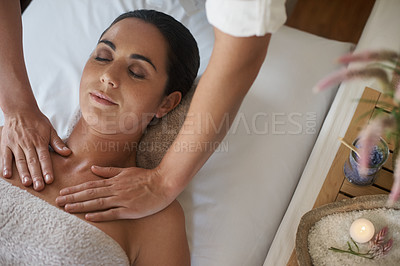 Buy stock photo Woman, hands and massage for skin care, pamper and beauty therapy for spa treatment. Female person, destress and dermatology for detox at luxury hotel, tranquil and cosmetics for wellness glow