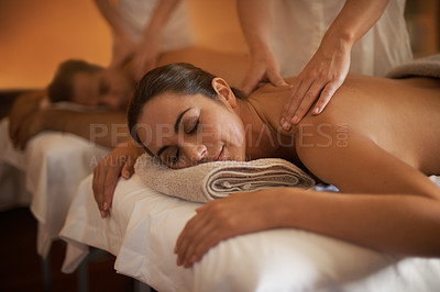 Buy stock photo Hands, back massage or calm couple in spa to relax on bed for luxury pamper treatment together in hotel. Beauty, sleep or zen woman with man at resort or salon for natural healing benefits or body