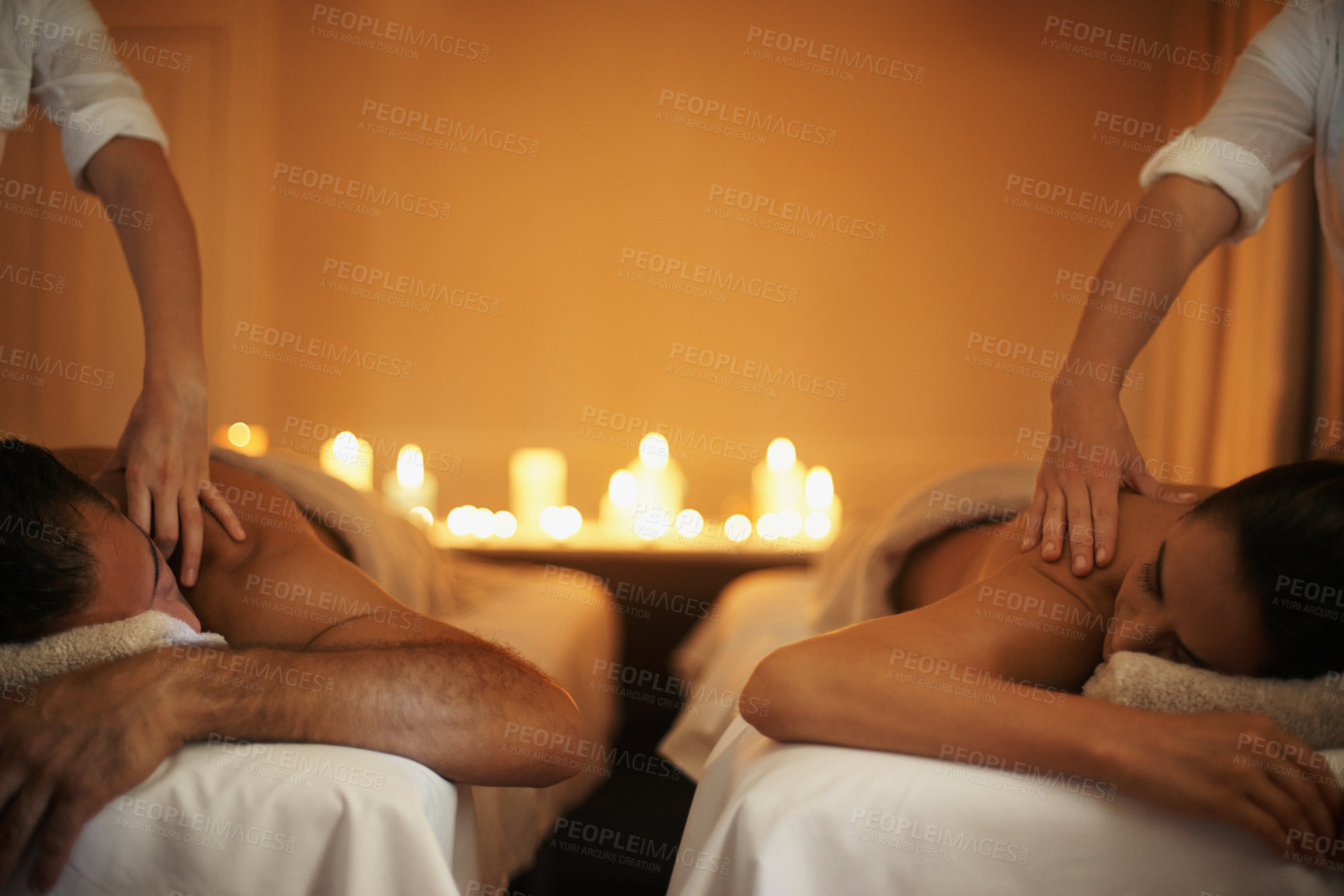 Buy stock photo Shot of a mature couple enjoying a relaxing massage