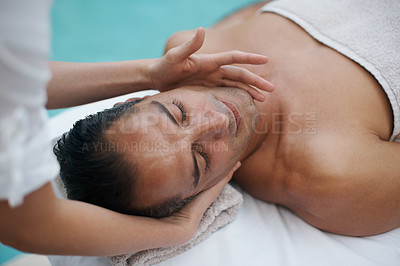 Buy stock photo Spa, man and hands with massage for relax at resort, luxury hotel and vacation for wellness and therapeutic pamper. People, masseuse and body care with facial treatment, hospitality and zen outdoor