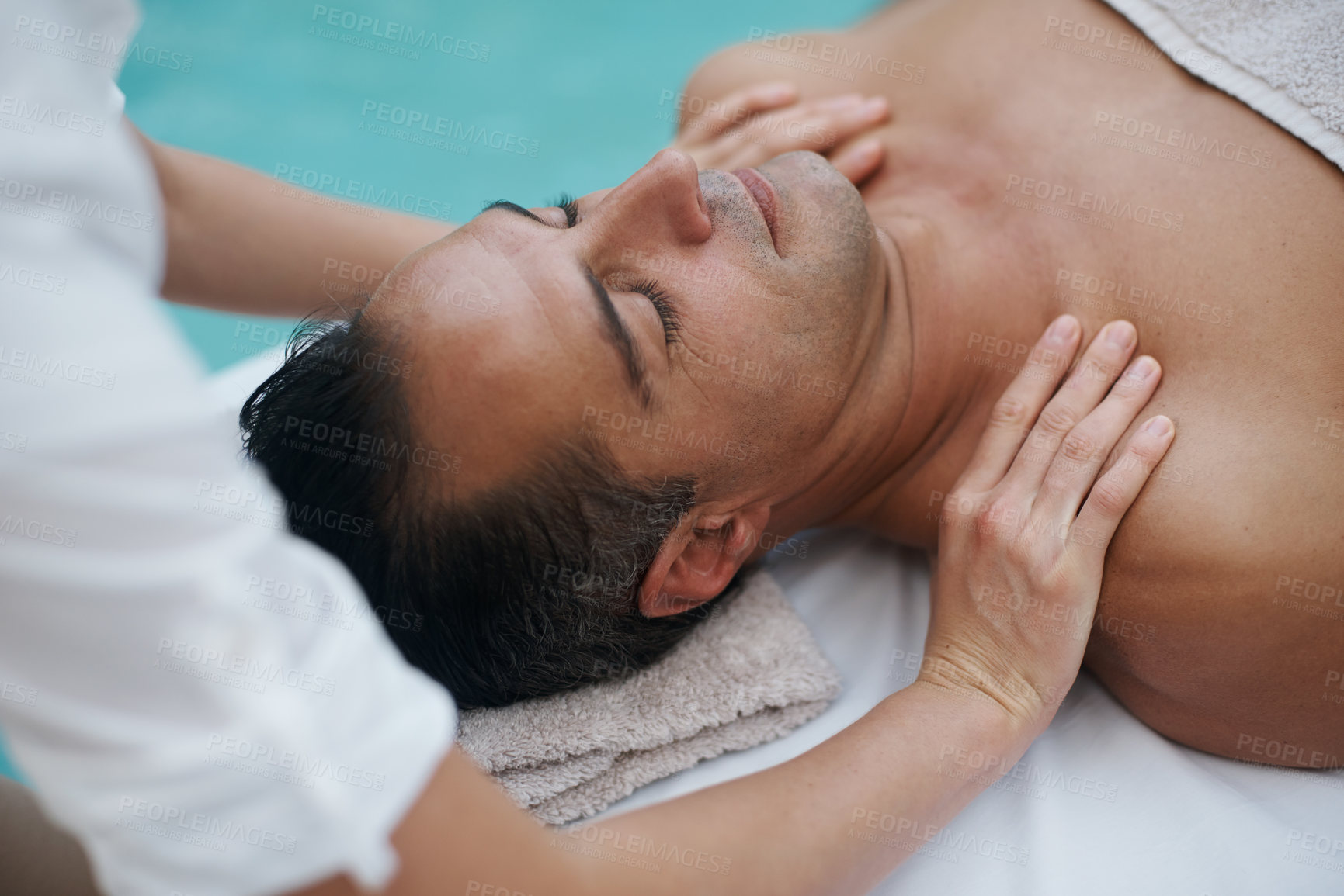 Buy stock photo Spa, man and hands with massage for skincare at resort, luxury hotel and vacation for relax and therapeutic pamper. People, masseuse and body care with shoulder treatment, hospitality and zen outdoor