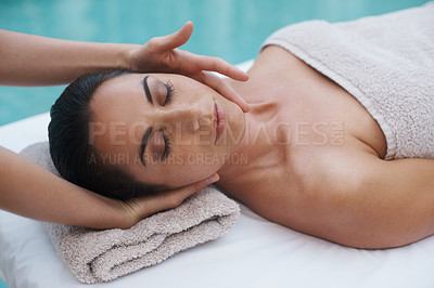 Buy stock photo Hands, woman and pool at spa for massage, health and wellness for zen, skin therapy and peace. Female person, lady and relax for lifestyle, body and luxury on table, calm and natural wellbeing