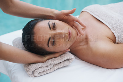 Buy stock photo Hands, woman and pool at spa for massage, health and wellness for health, physical therapy and peace. Female person, lady and relax for lifestyle, body and health on table, calm and natural wellbeing