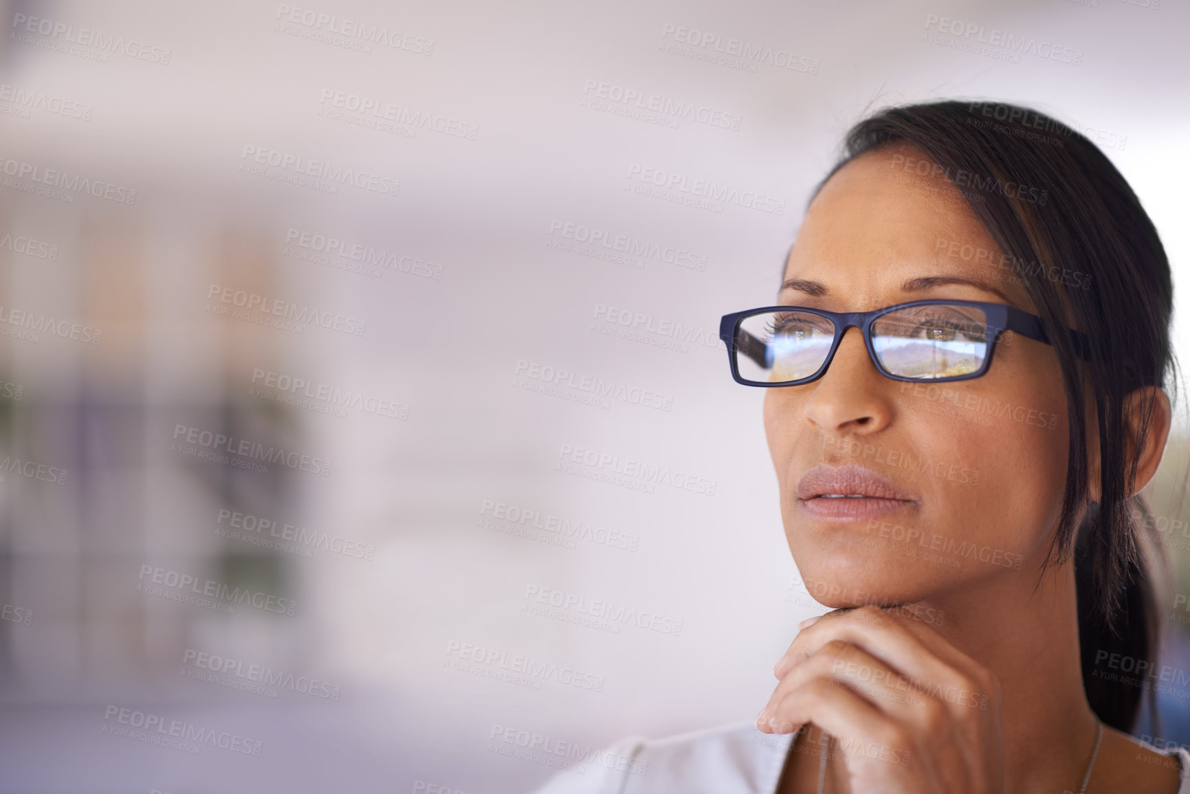 Buy stock photo Thinking, office and businesswoman with glasses, work ideas and concentration on design career. Entrepreneur, creative and vision for new opportunity or startup, think or decision for female person