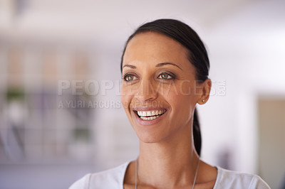 Buy stock photo Businesswoman, smile and thinking in creative office for entrepreneur of small business for production, fashion design or vision. Female person, company and art agency for startup, thoughts or idea