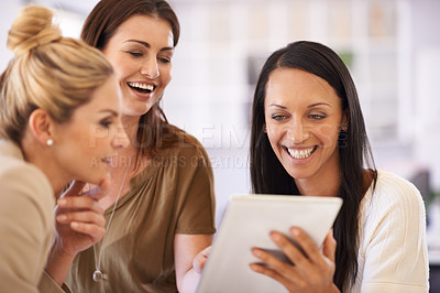 Buy stock photo Tablet, happy and team of women in office for creative research on project in collaboration. Meeting, conversation and group of professional designers working on digital technology in workplace.