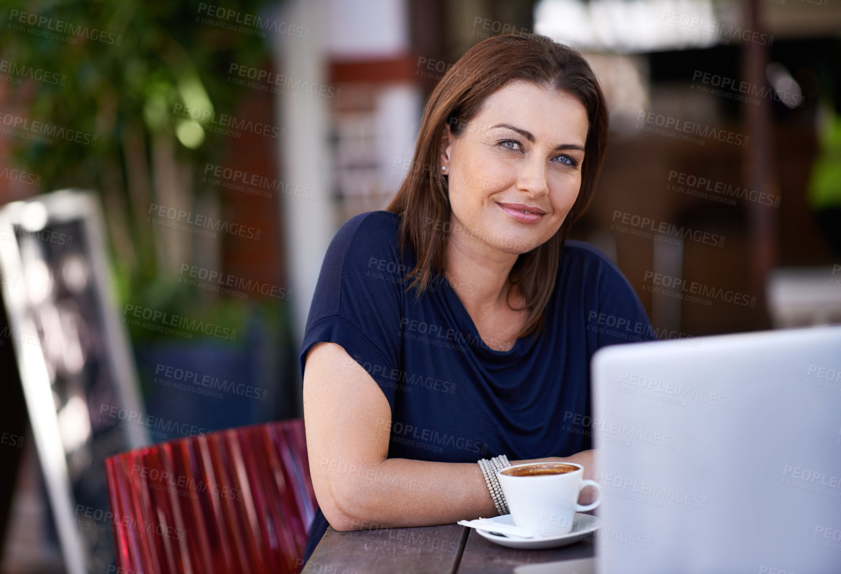 Buy stock photo Cafe, portrait and woman with laptop for remote work as writer of blog and online communication. Happy, journalist and internet research for article at coffee shop with espresso, latte and computer 