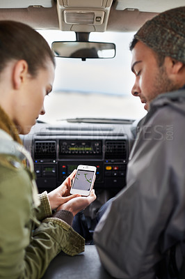 Buy stock photo Couple, car and gps on road trip with travel for adventure, vacation or direction to destination in countryside. Woman, man or smartphone in vehicle for map and location to holiday journey or tourism