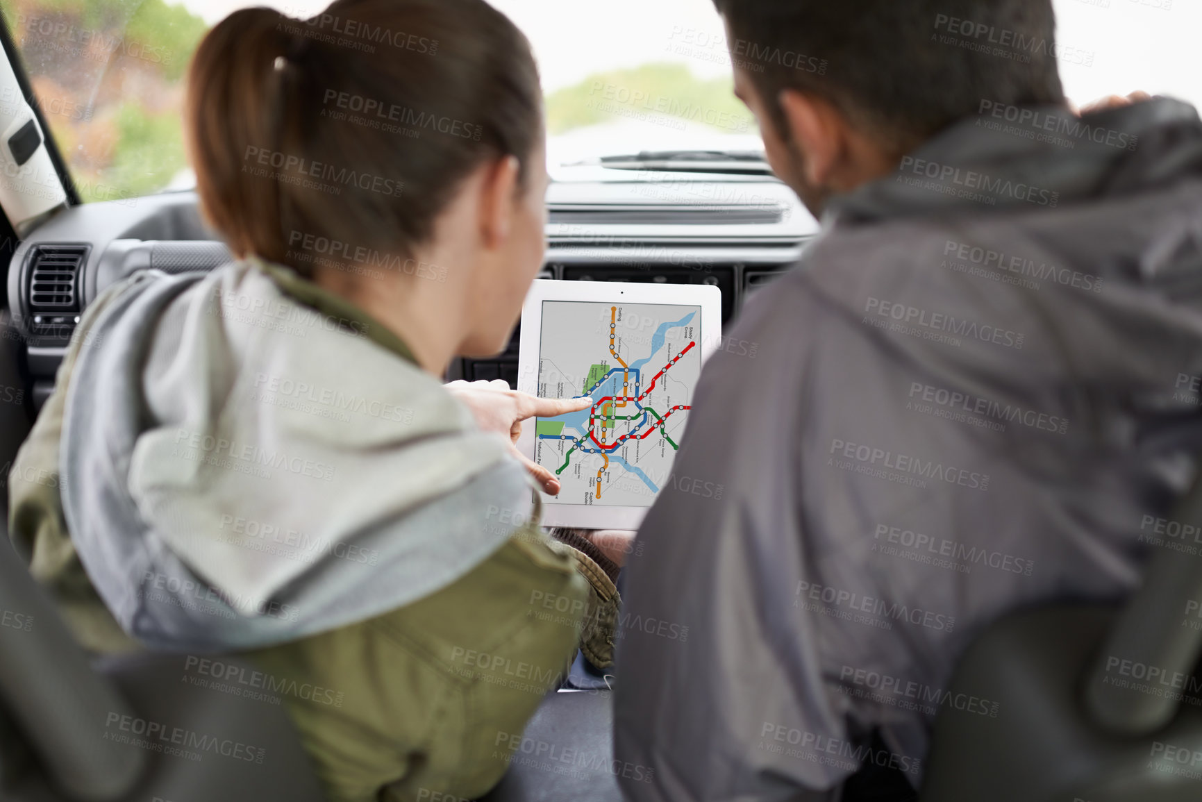 Buy stock photo Couple, car and gps on road trip with map for direction, vacation and travel to destination in countryside. Woman, man and tablet in vehicle for navigation and location to holiday journey and tourism