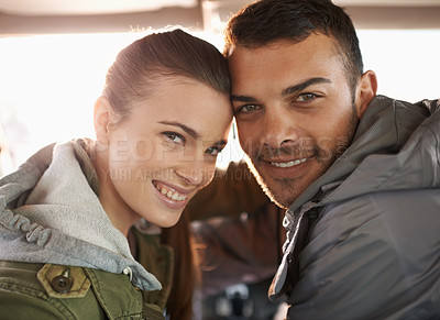 Buy stock photo Road trip, couple or portrait to travel in car, bonding together or adventure for sightseeing in countryside. Man, woman or driving journey in vehicle in nature or relax face on holiday in cape town
