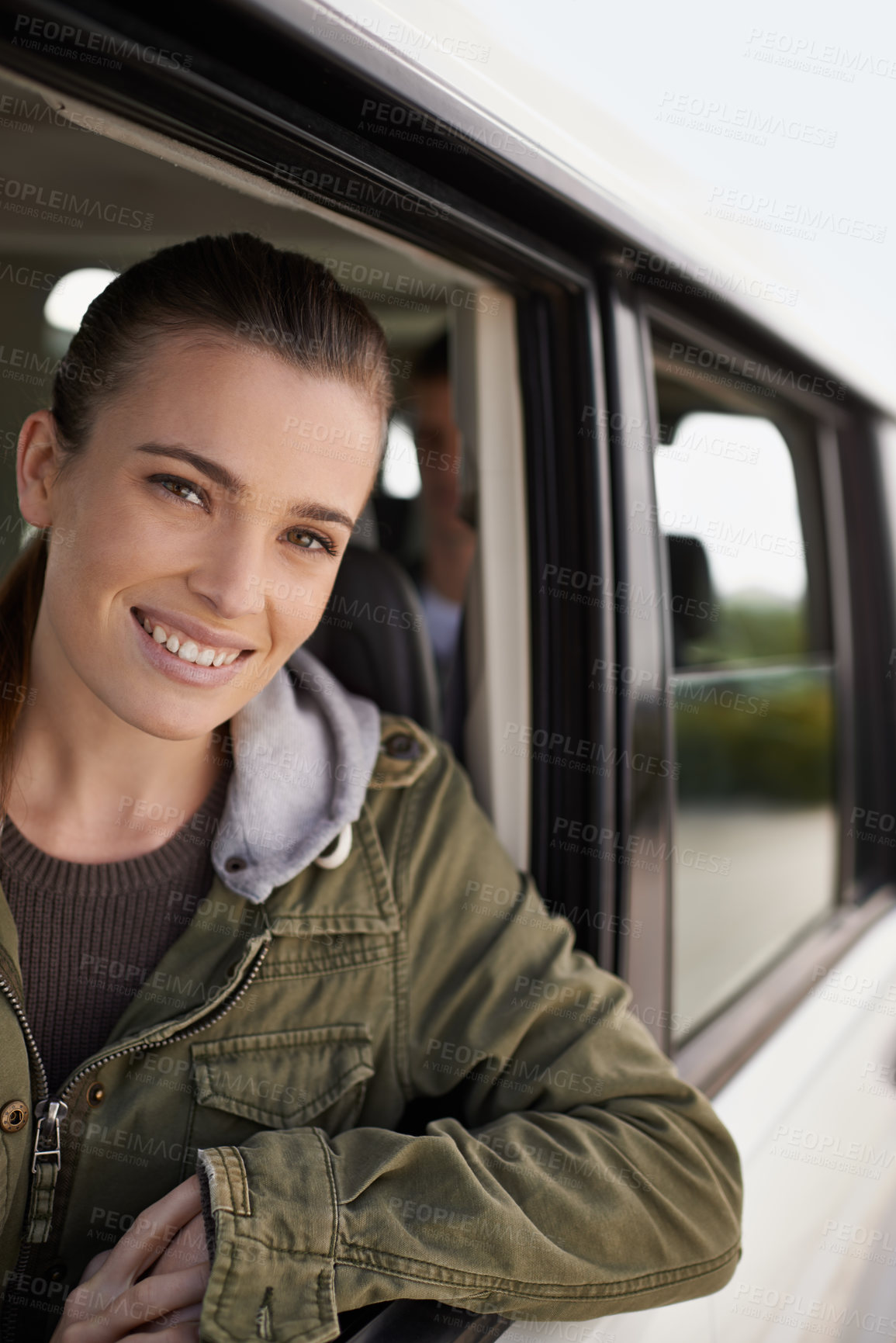 Buy stock photo Portrait, woman or car as window on adventure, road trip or getaway for travel and leisure in Brazil. Smile, female person or traveler on driving holiday in motor transport as journey of exploration