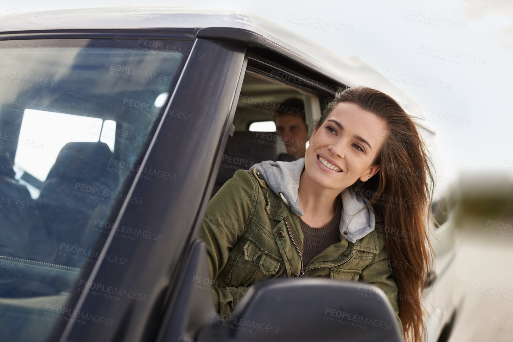 Buy stock photo Woman, car or window to explore on road trip as thinking, planning or idea of travel and adventure. Smile, female person or traveler on fun driving holiday in motor transport as journey of leisure