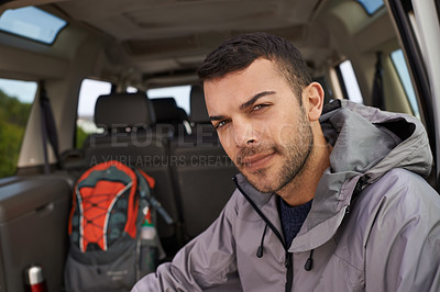Buy stock photo Portrait, man or suv to travel on adventure, holiday or road trip for hiking, leisure or recreation. Male person, hiker or relax or backpack for getaway, exploration and sightseeing in Colombia