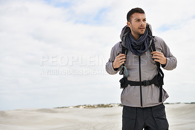 Buy stock photo Backpack, travel or fitness man in desert for adventure, journey or resort, location and exploration. Outdoor, holiday or male backpacker in Egypt for sand dunes walking, wellness or hiking in nature