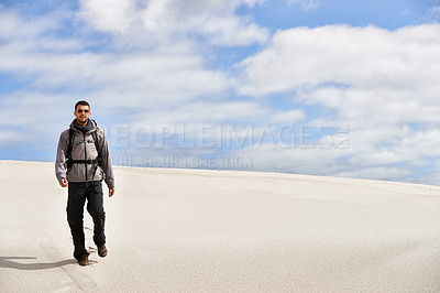 Buy stock photo Travel, backpack or fitness man in desert for adventure, journey or resort, location and exploration. Freedom, holiday or male backpacker in Egypt for sand dunes walking, wellness or hiking in nature