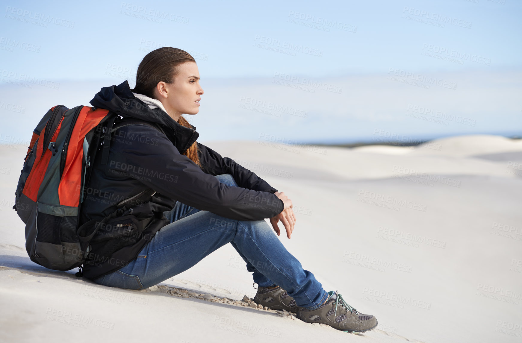 Buy stock photo Hiking, sand dunes or woman in nature to relax for adventure, desert landscape and travel for holiday. Break, thinking or nomad explorer in Sahara terrain, outdoor and dry climate for view or scenery