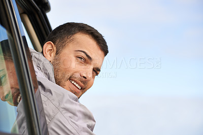 Buy stock photo Road trip, man and window for travel in car, game route and sightseeing for driving adventure in nature. People, traveller or exploration on holiday by blue sky, journey or leisure in vehicle in oman