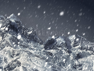 Buy stock photo Illustration of a mountainous landscape in the grips of a snowstorm