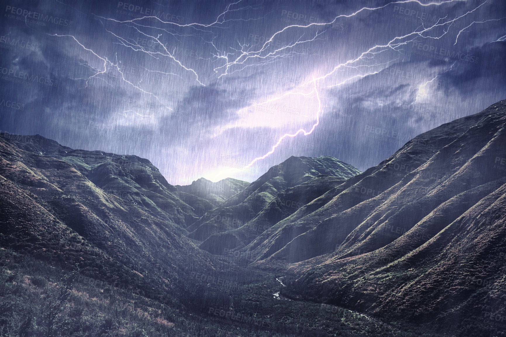 Buy stock photo Sky, thunderstorm and mountain with bad weather, nature and environment with a storm. Forest, hills and rain with lighting, rivers or majestic view with beauty landscape or winter with ecology