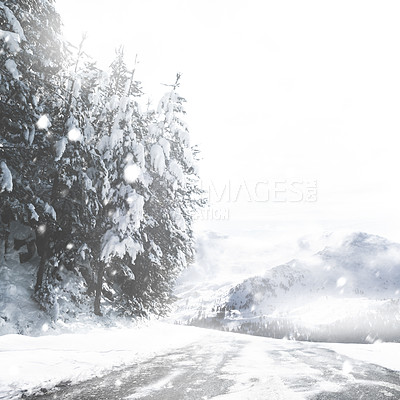 Buy stock photo Road, snow covered and storm in nature, cold and ice weather conditions with dangerous to travel. Woods, winter and frost in outdoor with wet woodland path and extreme climate for safety with driving