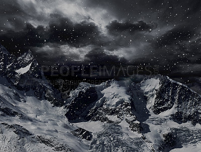 Buy stock photo Illustration of a mountainous landscape in the grips of a snowstorm