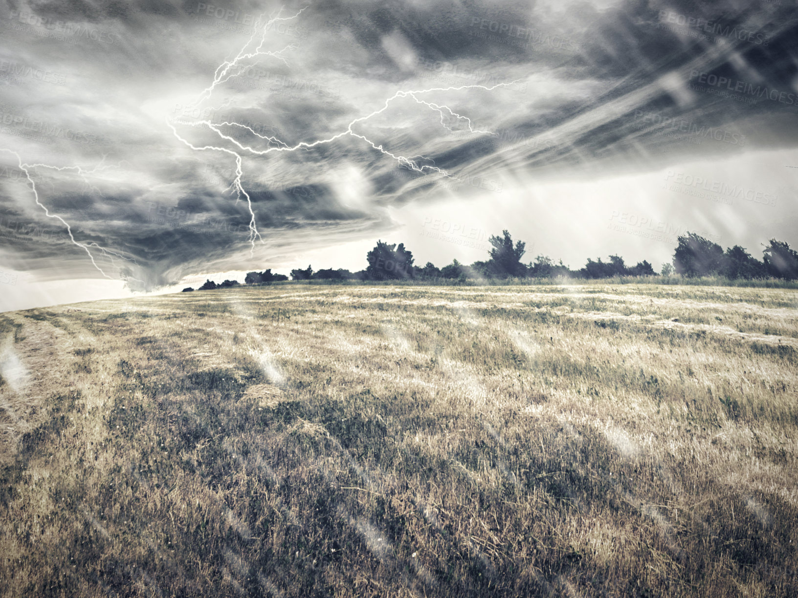Buy stock photo Illustrated landscape of a field under a fierce storm
