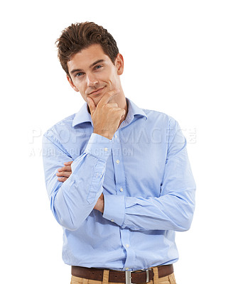 Buy stock photo Thinking, wonder and portrait of businessman in studio with a pensive or contemplating face expression. Confidence, professional and corporate male model pondering while isolated by white background.