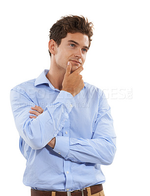 Buy stock photo Young professional man thinking isolated on a white background contemplating career, job or work decision emoji. Wonder, contemplating and business person or model for ideas or inspiration in studio