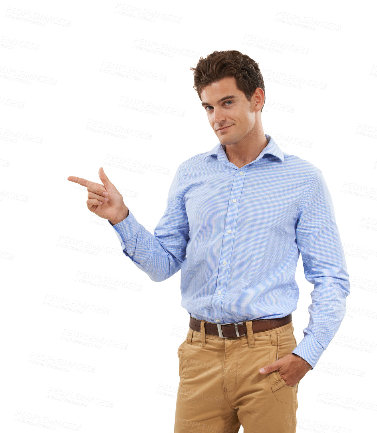 Buy stock photo Mockup, space and portrait of man pointing his finger at product placement for marketing or advertising. Gesture, male and happy model presenting new deal isolated in studio on white background
