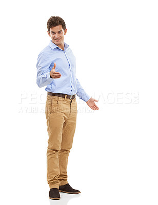 Buy stock photo Confident, handsome and portrait of a man with a handshake isolated on a white background. Thank you, welcome and businessman extending his hand for agreement, hello and meeting on a backdrop