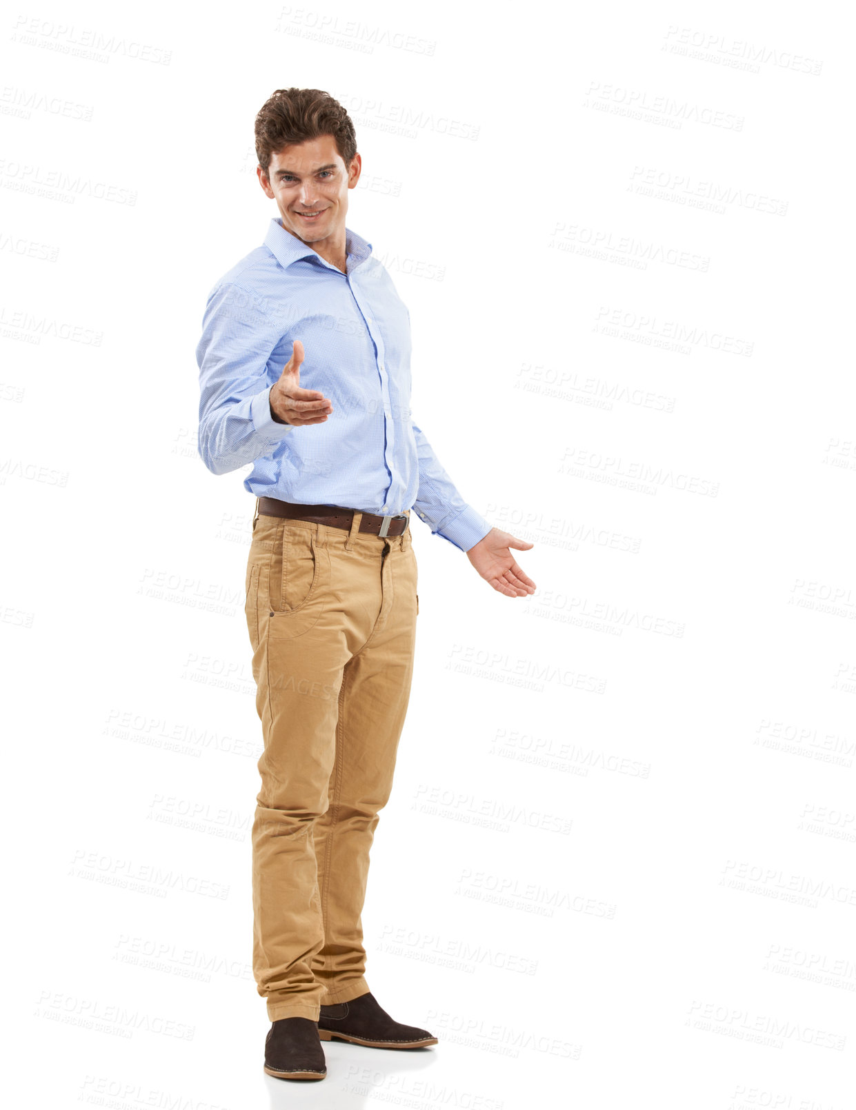 Buy stock photo Confident, handsome and portrait of a man with a handshake isolated on a white background. Thank you, welcome and businessman extending his hand for agreement, hello and meeting on a backdrop