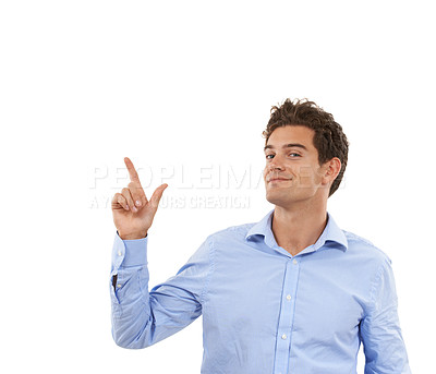 Buy stock photo Space, smile and portrait of man pointing up at mockup product placement for marketing or advertising. Hand gesture, idea and model presenting info for deal isolated in studio on white background.