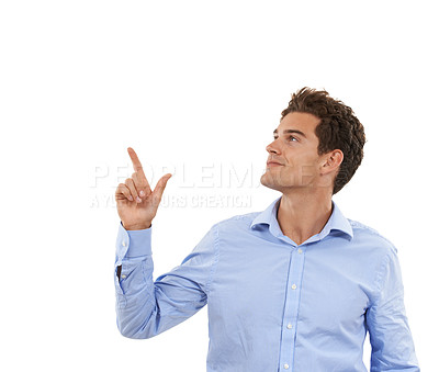 Buy stock photo Space, smile and business man pointing up at mockup product placement for marketing or advertising. Gesture, male and model presenting info for new deal isolated in studio on white background.