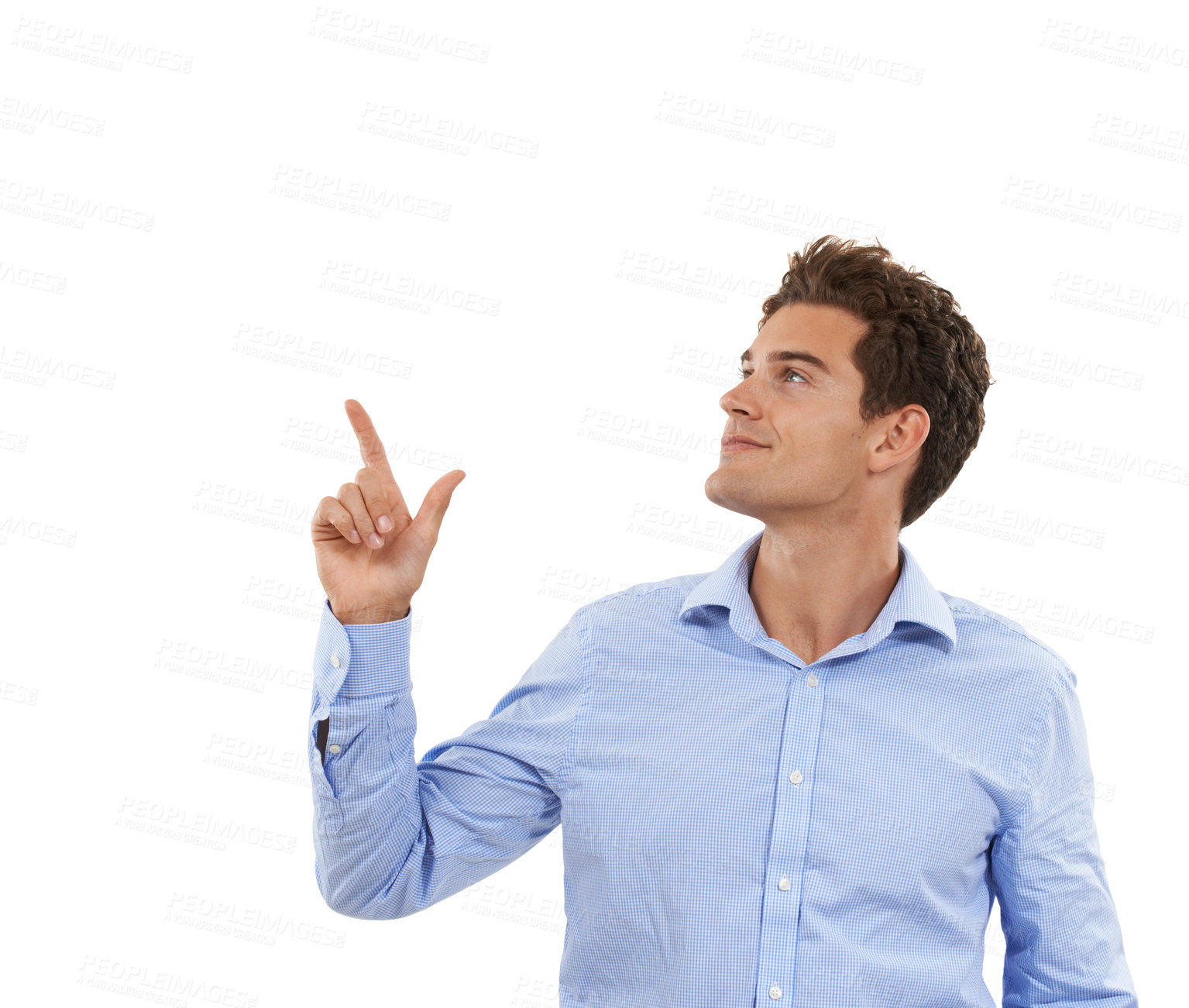 Buy stock photo Space, smile and business man pointing up at mockup product placement for marketing or advertising. Gesture, male and model presenting info for new deal isolated in studio on white background.