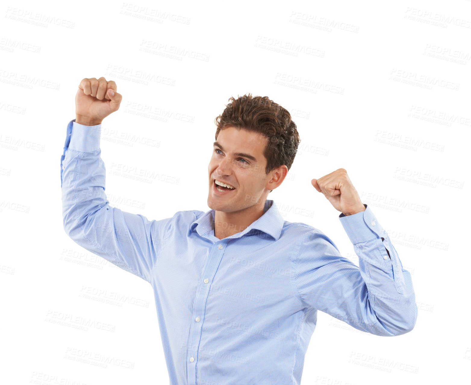 Buy stock photo Winner, yes and man isolated on a white background for winning, success and bonus arms or fist pump. Celebration, goal achievement and happy business person or excited model celebrate win in studio