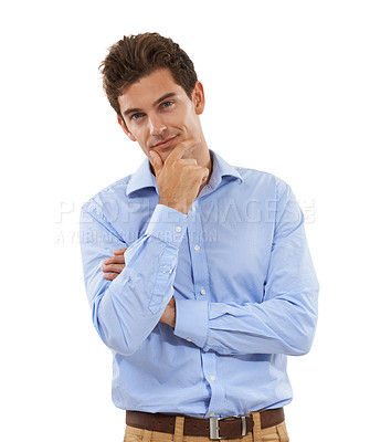 Buy stock photo Thinking, idea and portrait of a businessman in a studio with a pensive or contemplating face expression. Confidence, professional and corporate male model with pondering gesture by white background.
