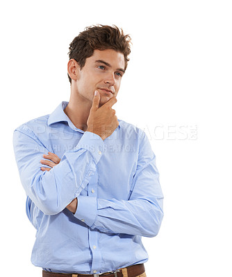Buy stock photo Young business man thinking, isolated on a white background contemplating career, job or work decision. Wonder, contemplating and professional person or model for ideas or inspiration in studio